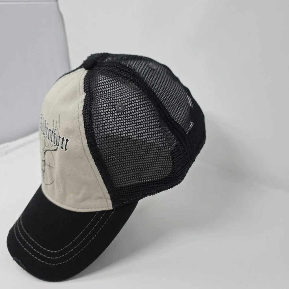My Addiction Trucker Hat OSFM Deer Skull Graphic Distressed Snapback Black Tan